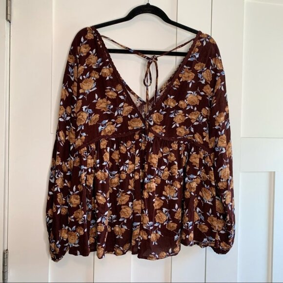 Umgee Brown Floral V cut Flowy Blouse Size Small - Picture 7 of 12